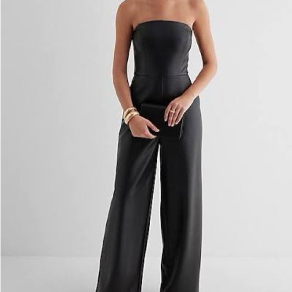 Express Wide Leg Faux Leather Black Strapless Jumpsuit